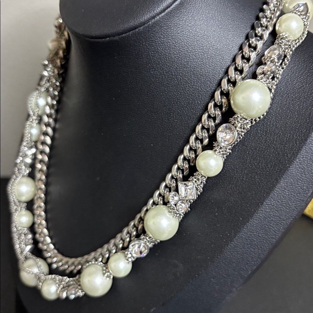 Givenchy Statement Layered Faux Pearl Rhinestone Chain Necklace Luxury - Picture 3 of 9